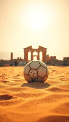 Sun-baked sand surrounds a solitary football, ancient ruins in background,  landscape,  arid