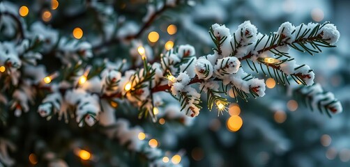 Sparkling fairy lights woven through a snow-dusted evergreen branch, christmas,  decoration