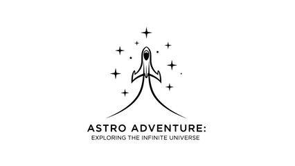 A black and white space exploration logo features a stylized rocket soaring upward amidst star shapes, with lines emanating from its base. Text conveys the theme