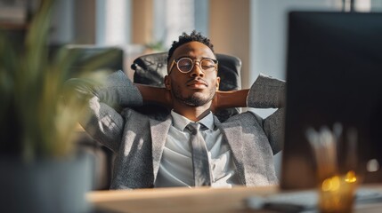 Relaxed businessman enjoying a moment of peace in modern office