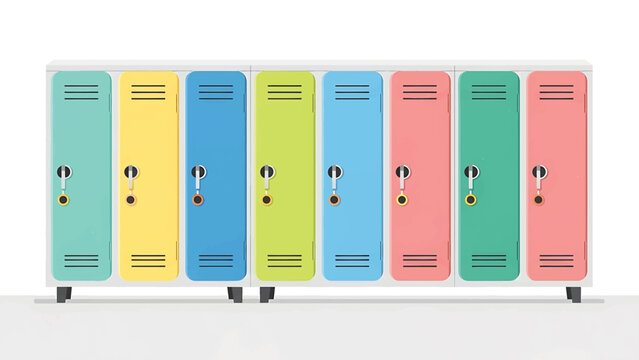 A brightly colored row of school lockers, each with a different door color and simple handles. They are placed against a white background