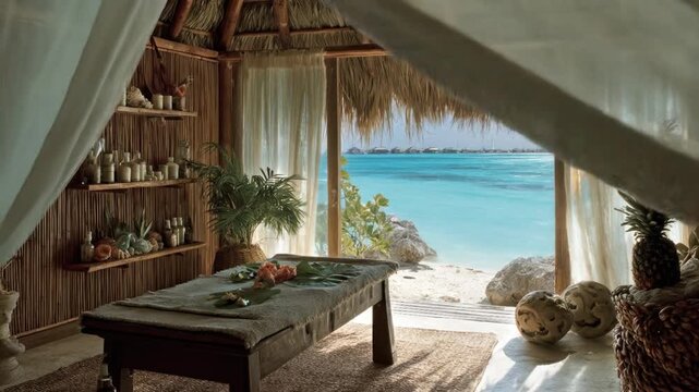 A serene tropical spa interior with a massage table, ocean view, and natural decor
