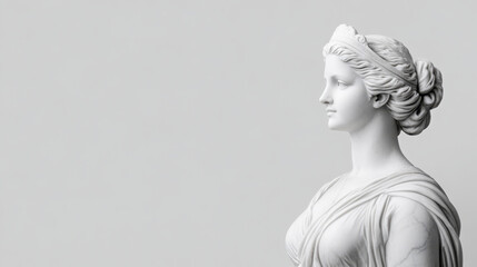 Classical marble statue of a woman in profile against grey background  