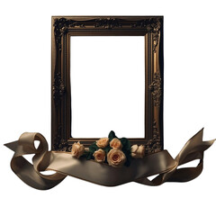 An ornate gold picture frame with flowers and ribbon on a white background