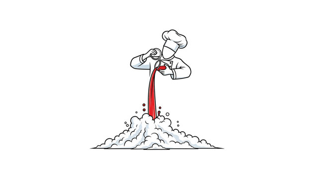 A cartoon chef is depicted pouring a stream of red liquid from a container, seemingly launching a cloud of foam. The image is on a white background