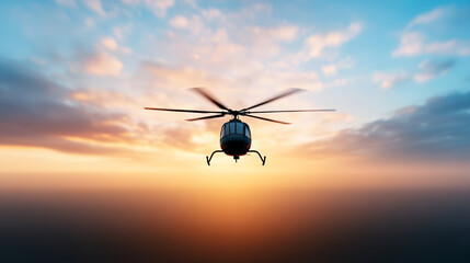 Helicopter flying against sunset sky with clouds in background  