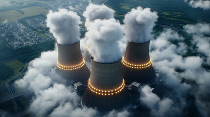 Aerial view of cooling towers from a nuclear power plant with steam  