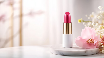 Pink lipstick on a marble stand with flowers in the background  