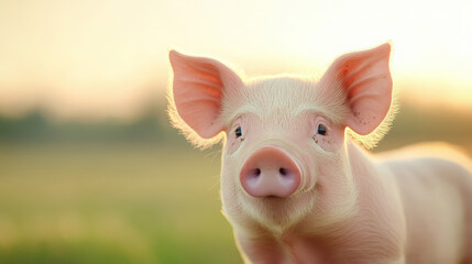 Cute piglet looking curiously in a green field at sunset  