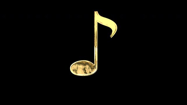 Gold eighth note symbol, light reflecting and patterns shifting, alpha channel