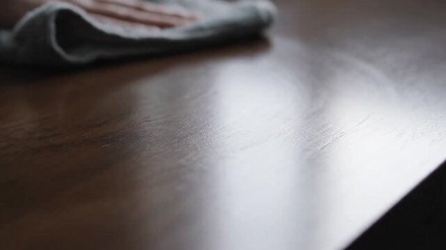 Person cleaning a polished wooden surface with a cloth, showcasing a tidy indoor environment