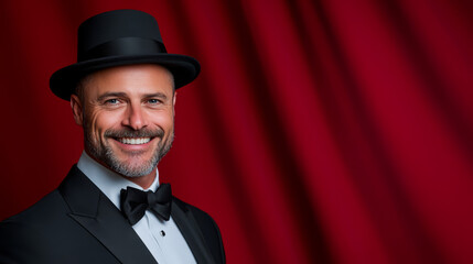 Smiling man in tuxedo and top hat with red background  