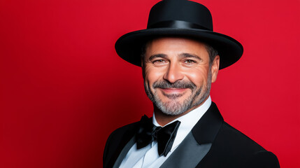 Man smiling in a bow tie and hat against a red background  
