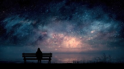 Atmospheric Silhouette of Person on Bench Gazing at Night Starry Sky