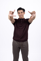 Man in brown polo making frame gesture with hands.