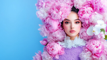 Young woman with floral headpiece in vibrant pink and blue setting  