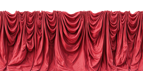 A close-up of a richly draped, flowing, and deep-red fabric curtain against a dark background