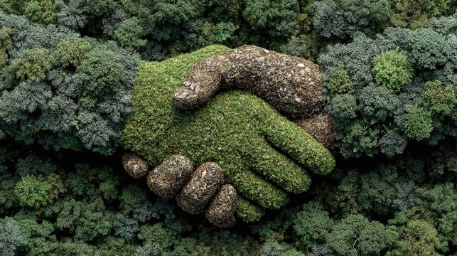 Aerial View Symbolic Moss and Soil Handshake over Green Forest Concept - Powered by Adobe