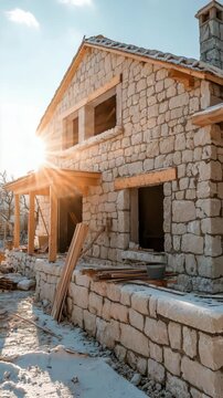 Vertical Shot. Stone house under construction with sun flare