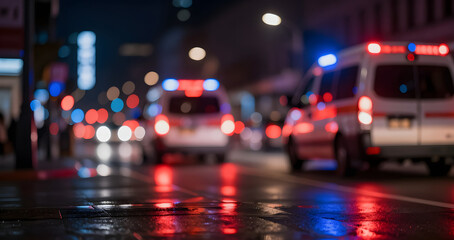 Ambulances rushing through a city street at night with emergency lights flashing, captured with a bokeh effect
