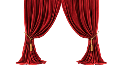 Rich, draped crimson curtains, held back with golden cords and tassels