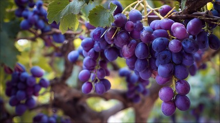 Natural grape harvest on vine in outdoor countryside vineyard