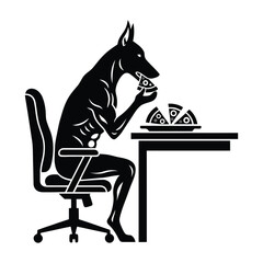 Anthropomorphic Doberman Dog in Human Suit Eating Pizza at Office Desk, Black and White Vector Illustration
