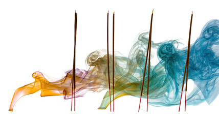 Colorful incense smoke trails with burning sticks flowing motion abstract aroma studio macro photography isolated on white background