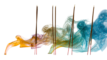 Colorful incense smoke trails with burning sticks flowing motion abstract aroma studio macro photography isolated on white background