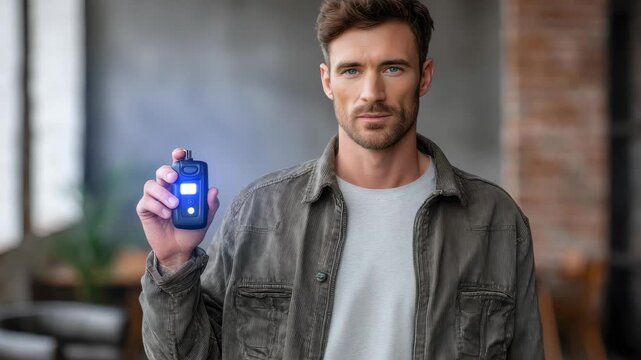 Man demonstrating a digital alcohol breath tester in an urban environment during daylight hours, showcasing the technology for responsible drinking