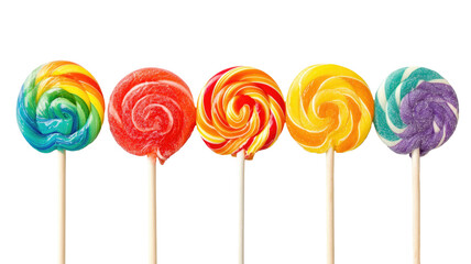 Colorful swirl lollipops lineup with vibrant candy textures and glossy finish studio food photography isolated on white background