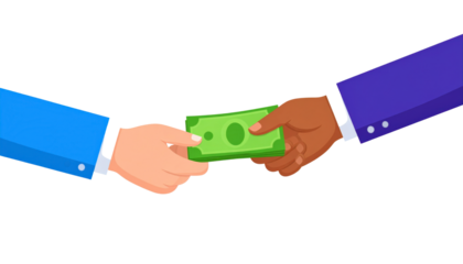 Two diverse hands exchanging money bills in a flat vector illustration, symbolizing financial transaction.