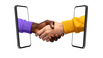 Diverse hands shaking from smartphone screens, symbolizing digital connection and global partnership