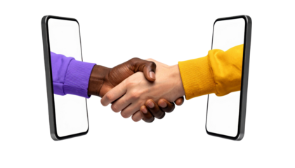 Diverse hands shaking from smartphone screens, symbolizing digital connection and global partnership