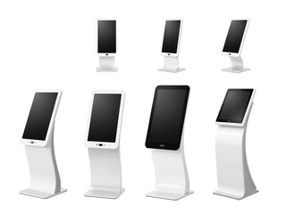 Modern touchscreen kiosks displayed in various angles