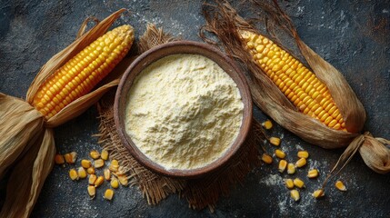 Cornmeal in a bowl with fresh corn on the cob and kernels