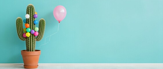 Green cactus in a terracotta pot decorated with small colorful balloons against a bright turquoise background. Birthday celebration.