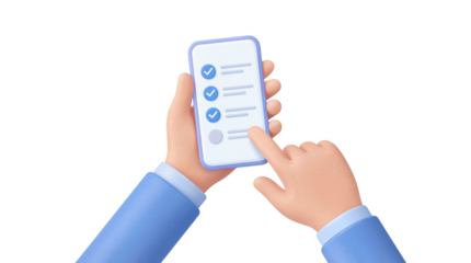 3D rendered hand checking tasks on a mobile phone checklist application screen