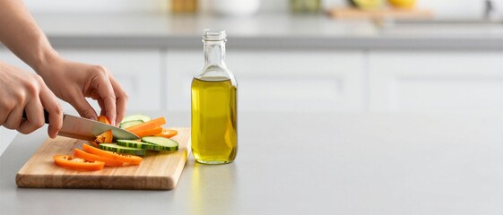 A person slices fresh vegetables on a wooden cutting board next to a bottle of olive oil in a bright modern kitchen, perfect for healthy meal preparation and Mediterranean diet concepts.