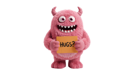 Charming pink fluffy monster character holding a 'HUGS?' sign with a friendly smile