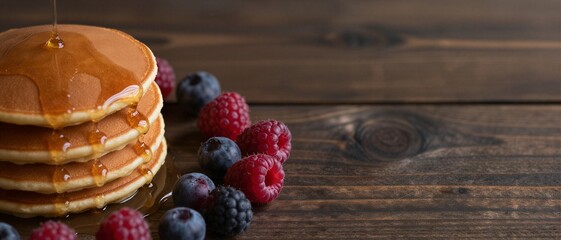 Honey syrup poured over a stack of fluffy pancakes garnished with fresh raspberries and blueberries on a rustic wooden background. Pancake Day.