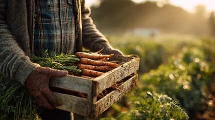 Male farmer holding wooden crate of freshly harvested carrots in sunlit field