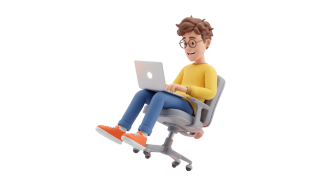 Happy 3D character working on laptop in an office chair, smiling digital illustration - Powered by Adobe