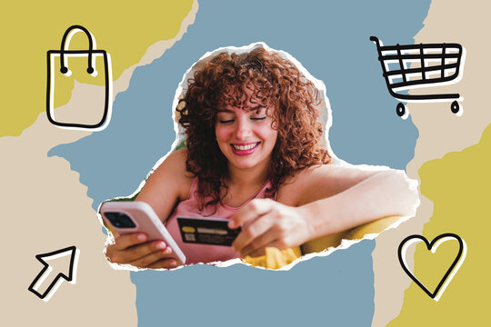 Smiling person shopping online with a credit card and mobile phone