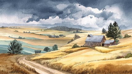 Old countryside farm and fields watercolor hand drawn illustration