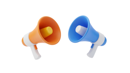 Two colorful 3D rendered megaphones isolated on black, symbolizing important announcements and communication.