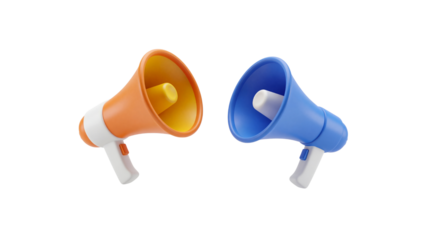 Two Vibrant 3D Megaphones Announcing Important Messages on Black