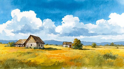 Old countryside farm and fields watercolor hand drawn illustration