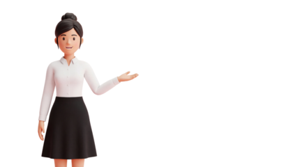 Friendly 3D businesswoman character presenting information with an open hand gesture