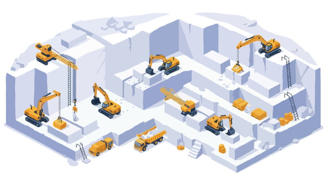 An isometric vector illustration of an open-pit  a limestone quarry mining site operation